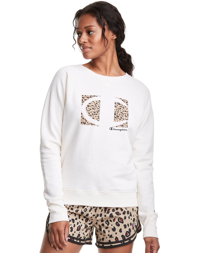 Champion Powerblend Fleece Crew Leopard Colorblock Logo Sweatshirt Dames - Wit - Belgie 5967NDUKV